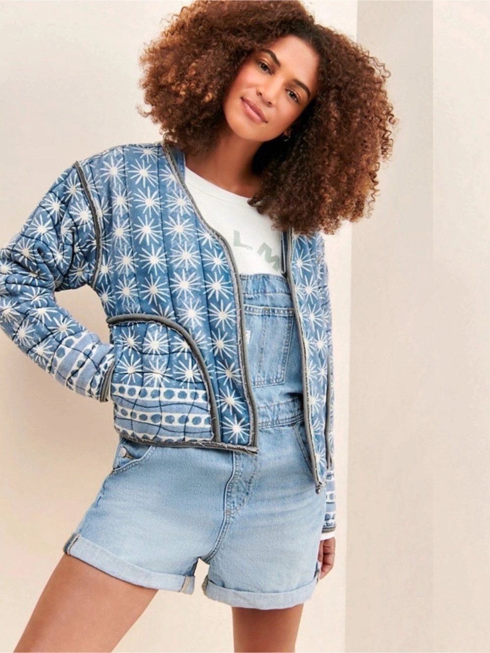 We The Free Kara Quilted Cardi Women's Blue & White Jacket Large